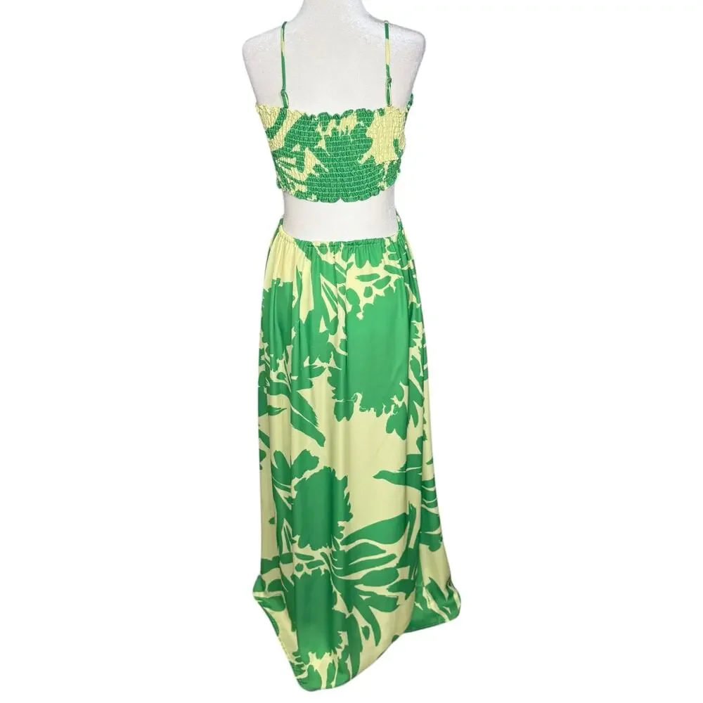 Resa X Jojo Size L Rico Cutout Maxi Dress Green Yellow Tropical Resortwear Beach